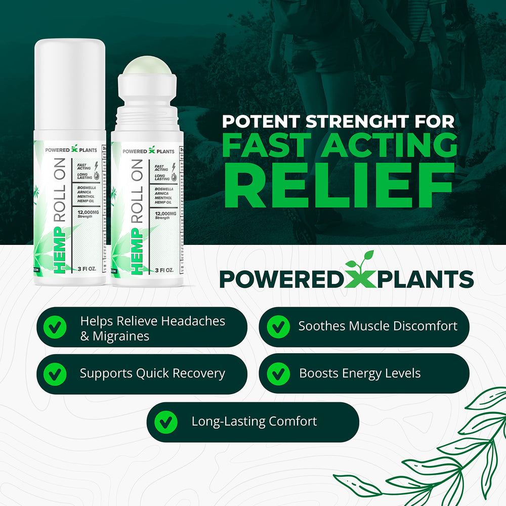 Powered X Plants hemp roll-on ingredients boswellia and arnica for soothing relief