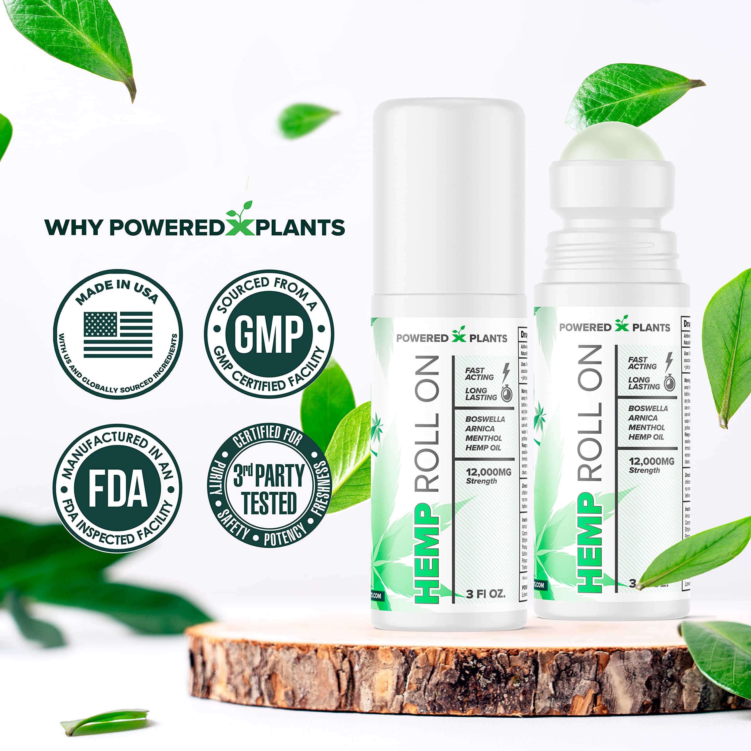 Powered X Plants ingredients panel lists boswellia arnica aloe vera and peppermint.