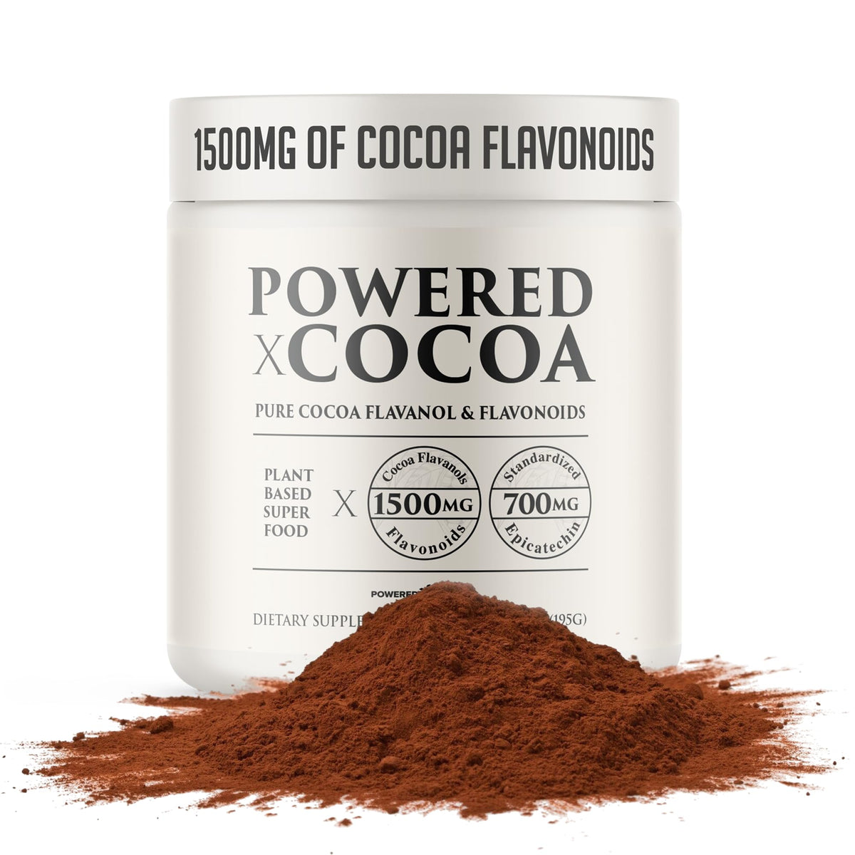 Powered X Plants High Flavanol Cocoa Powder bottle highlights rich flavor and antioxidant potential.