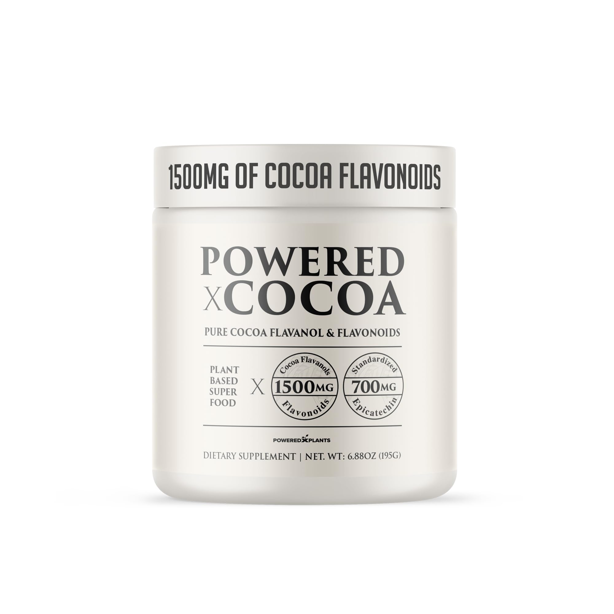 Powered X Plants High Flavanol Cocoa Powder close-up reveals rich cocoa texture.