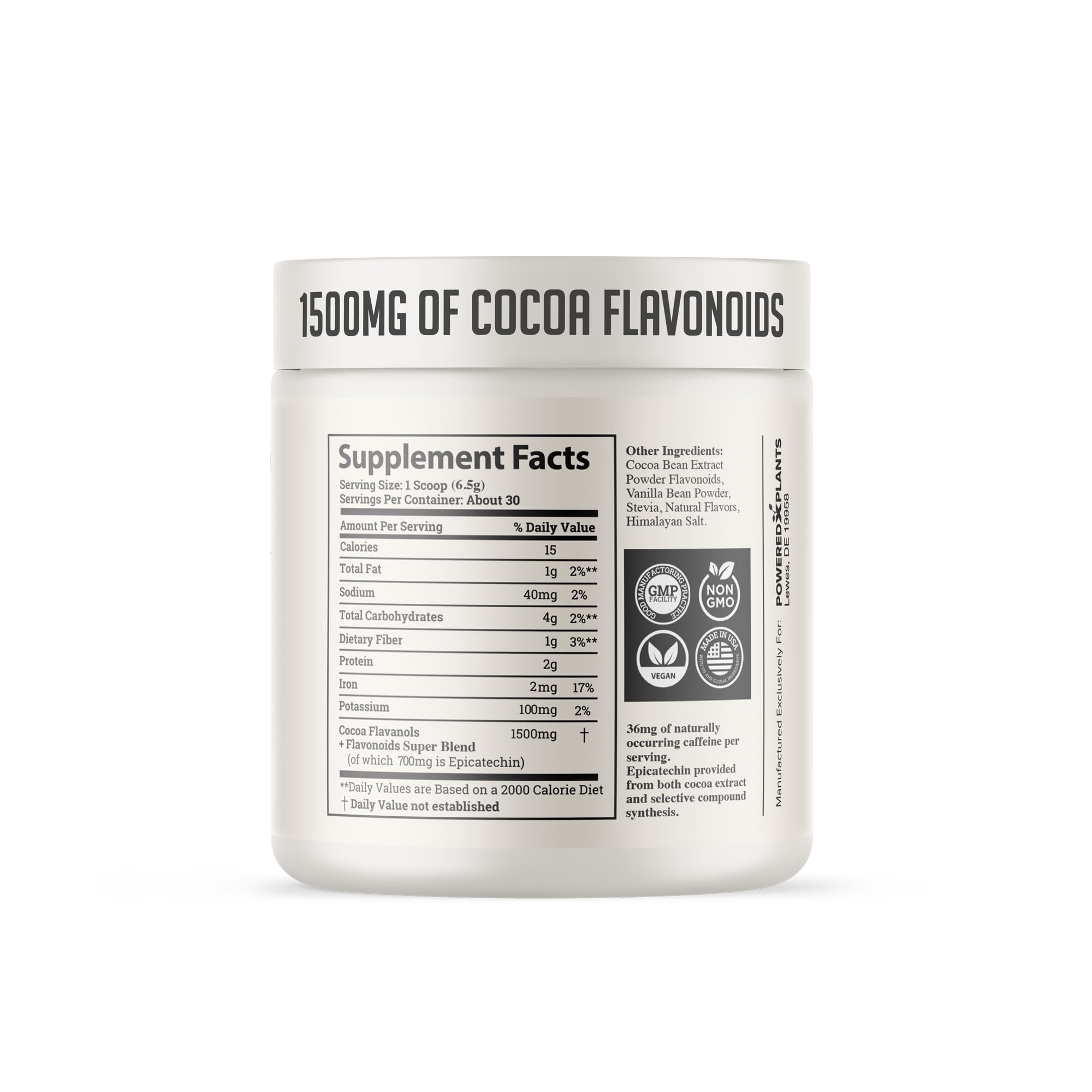 Powered X Plants High Flavanol Cocoa Powder jar open shows premium dark cacao ready to mix.