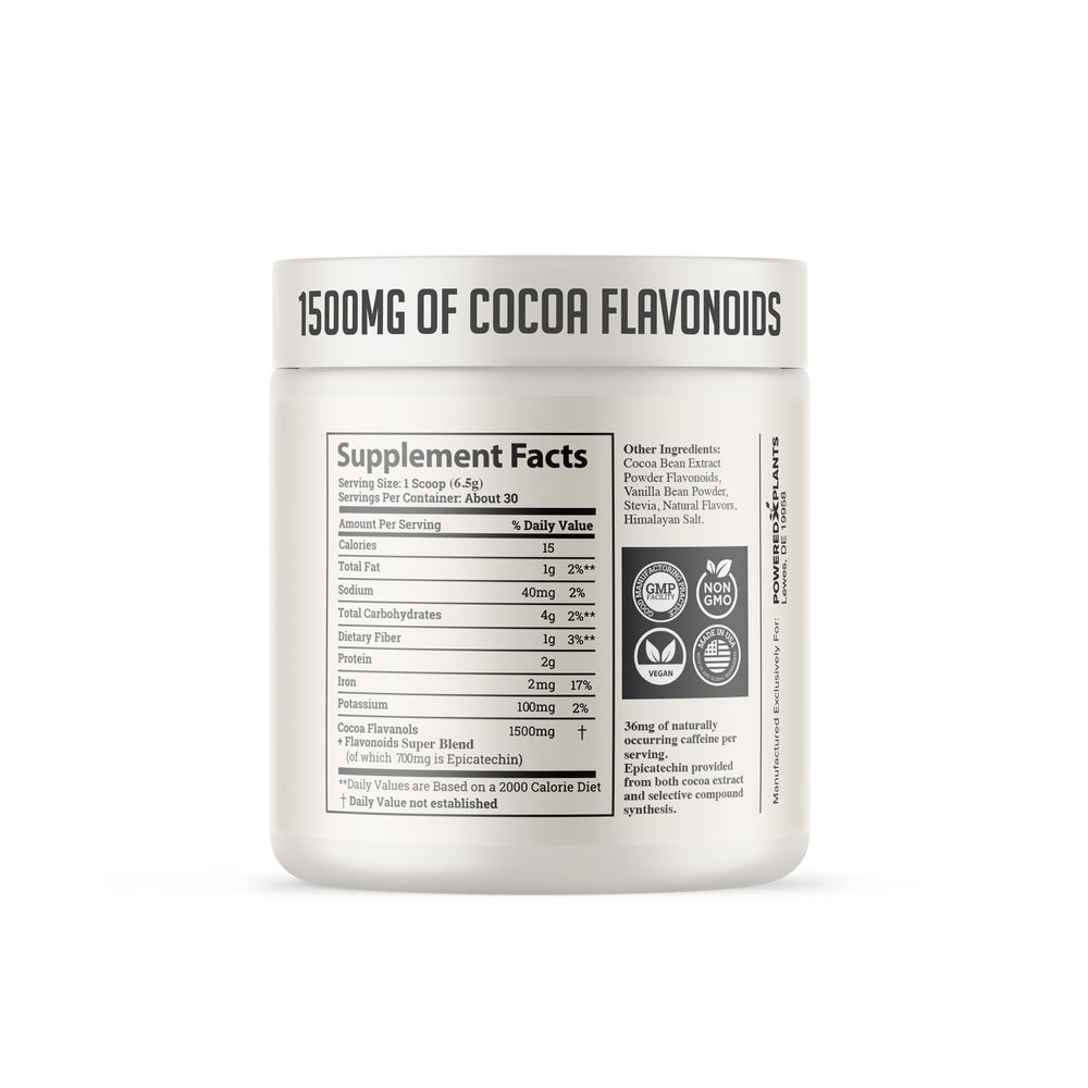 Powered X Plants High Flavanol Cocoa Powder jar open shows premium dark cacao ready to mix.