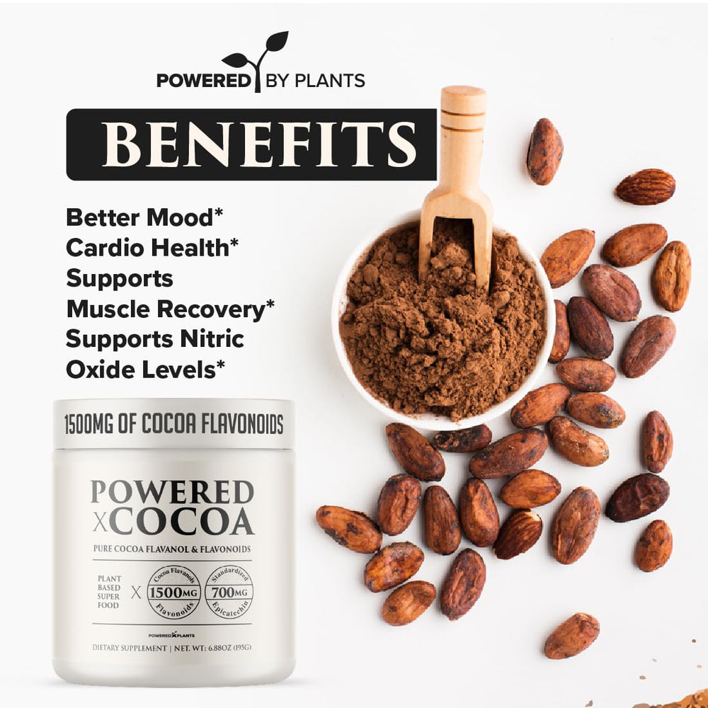 Powered X Plants High Flavanol Cocoa Powder measuring spoon demonstrates precise daily dose.