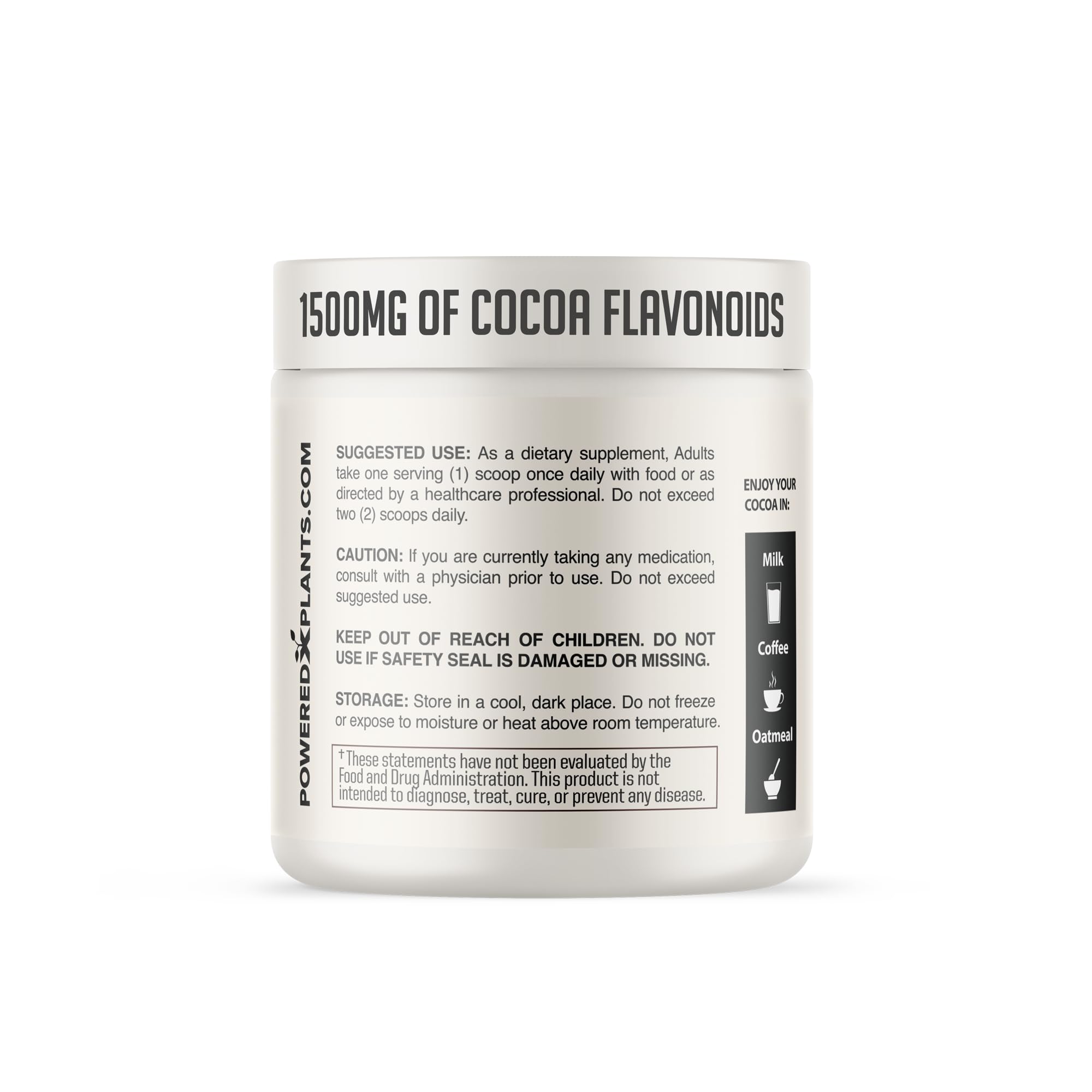 Powered X Plants High Flavanol Cocoa Powder package front emphasizes pure, vegan, non-GMO formula.