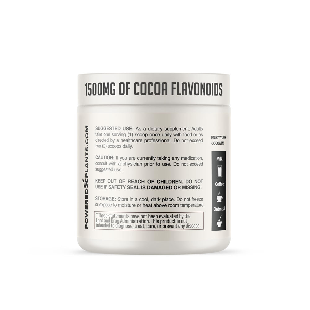 Powered X Plants High Flavanol Cocoa Powder package front emphasizes pure, vegan, non-GMO formula.