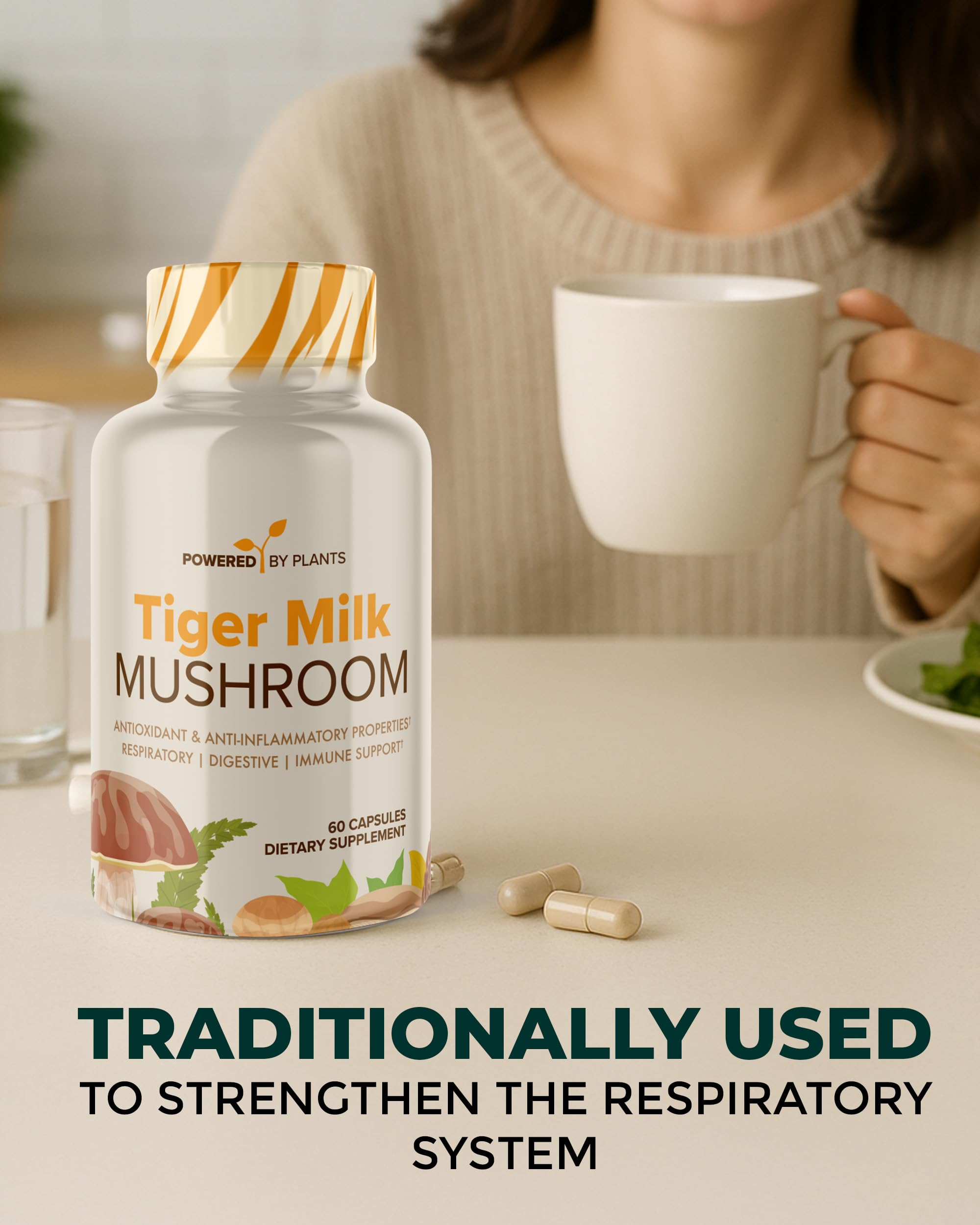 Powered X Plants Tiger Milk Mushroom capsule highlighting digestive wellness and nutrient absorption
