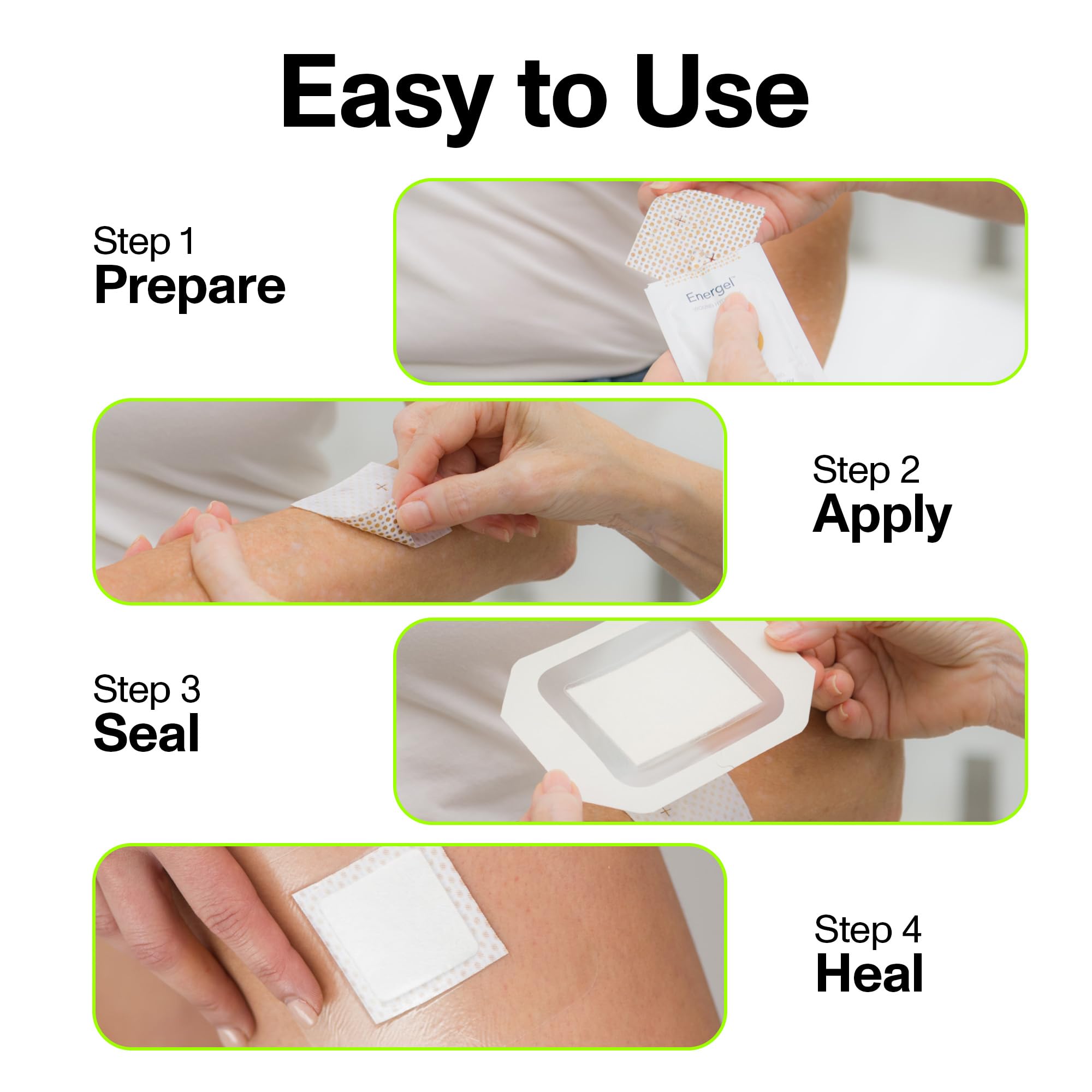 PowerHeal wound care kit showing hydrogel activation and non-adhesive surface.