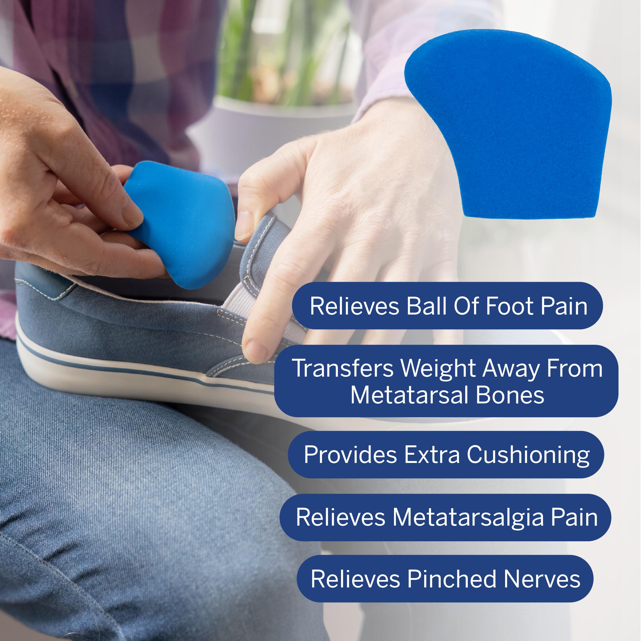 PowerStep metatarsal cushions with adhesive backing secure pads in shoes.