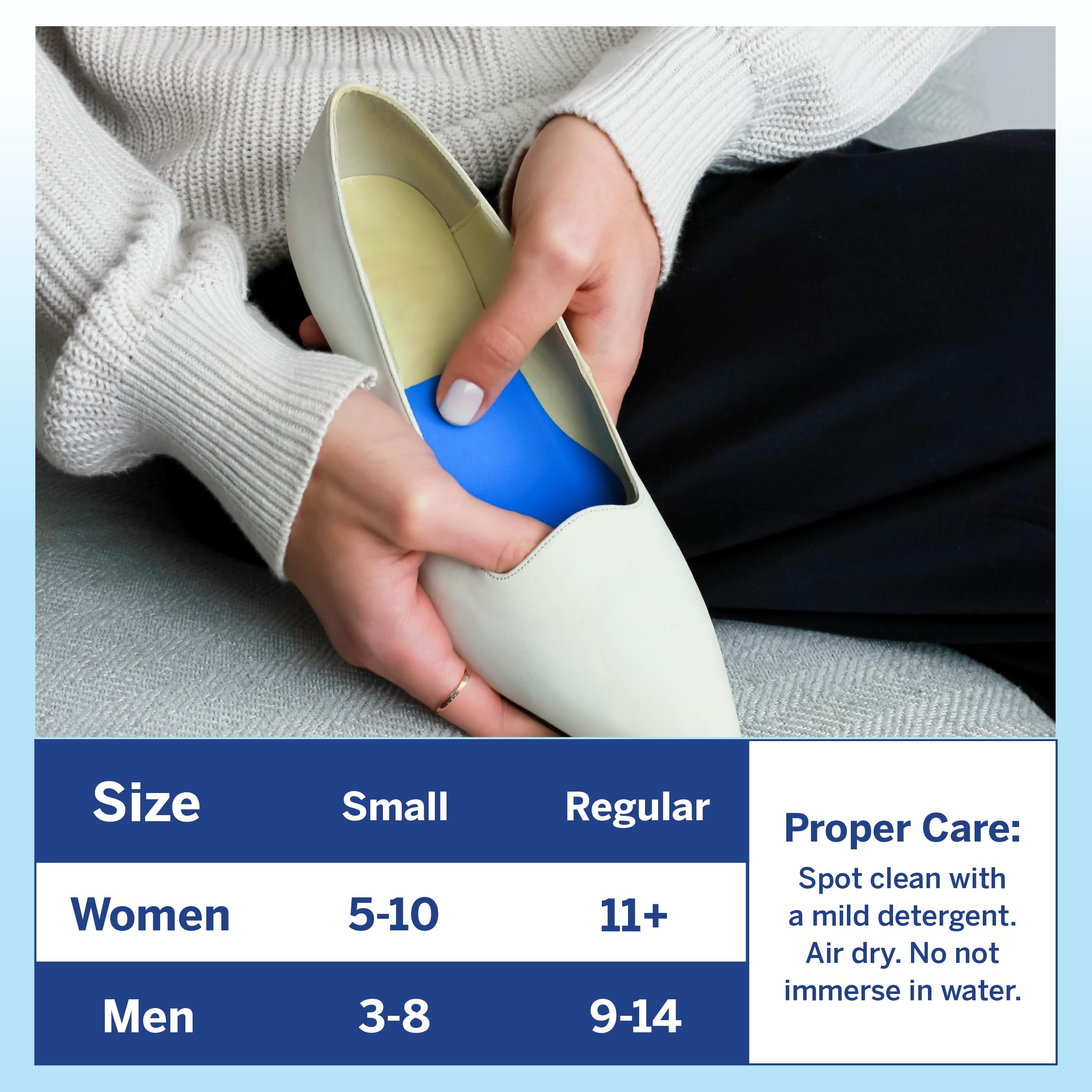 PowerStep metatarsal cushions in blue, large size, ready for in-shoe wear.