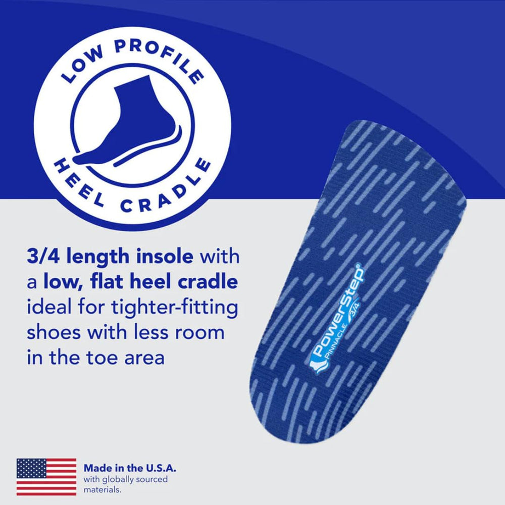 Seven-size sizing guide for PowerStep Pinnacle 3/4 insoles.