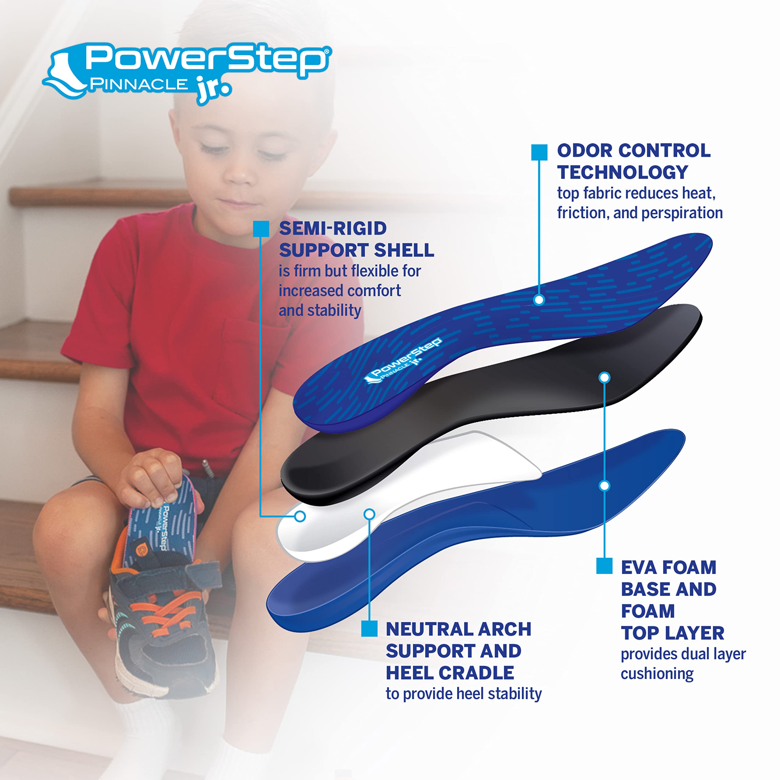 PowerStep Pinnacle Junior fabric reduces heat and friction for comfortable wear.