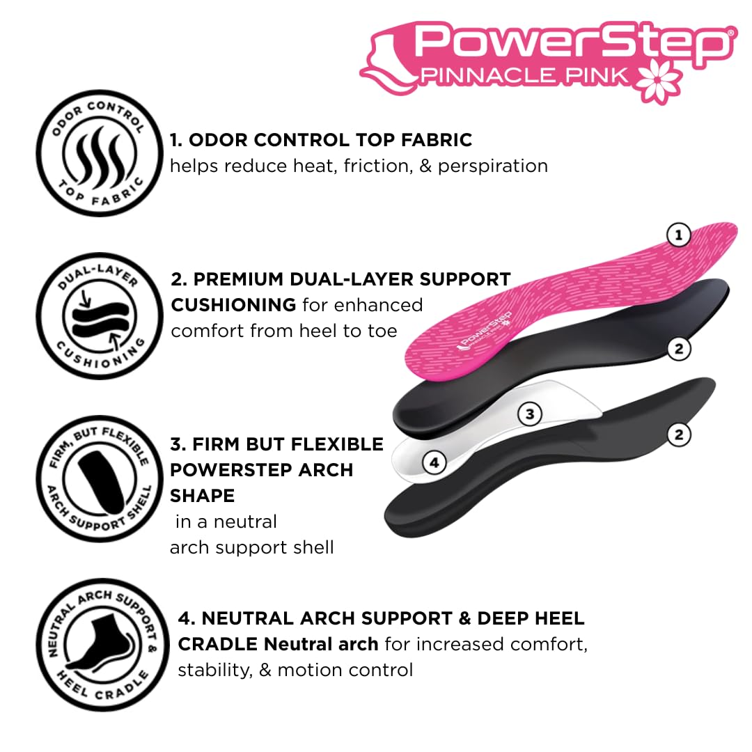 PowerStep Pinnacle Pink dual-layer cushioning provides soft underfoot comfort.