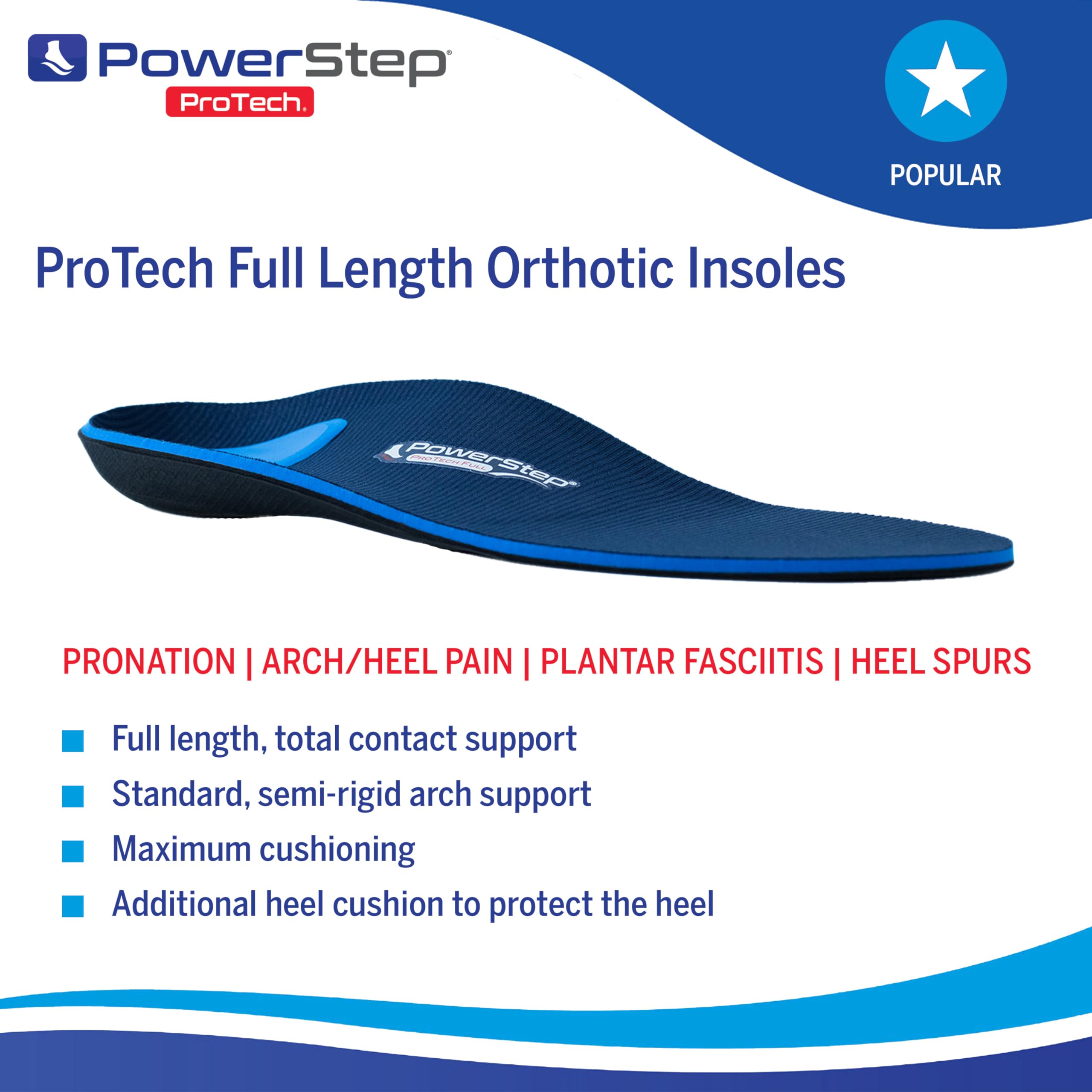 PowerStep ProTech arch-support insoles reduce foot strain with full-contact support.