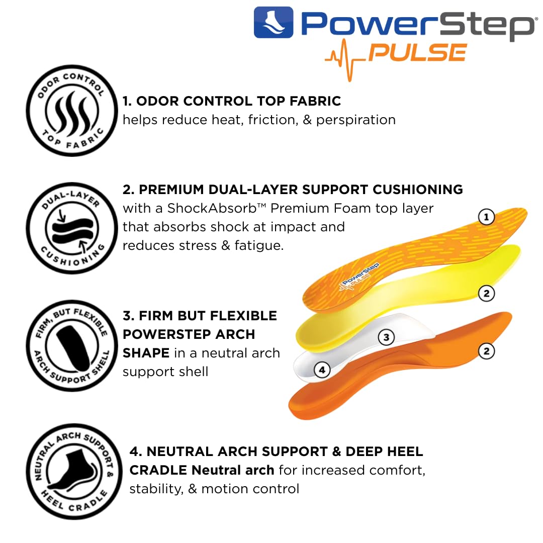 PowerStep Pulse Performance Insole premium foam cushions the foot for impact reduction.