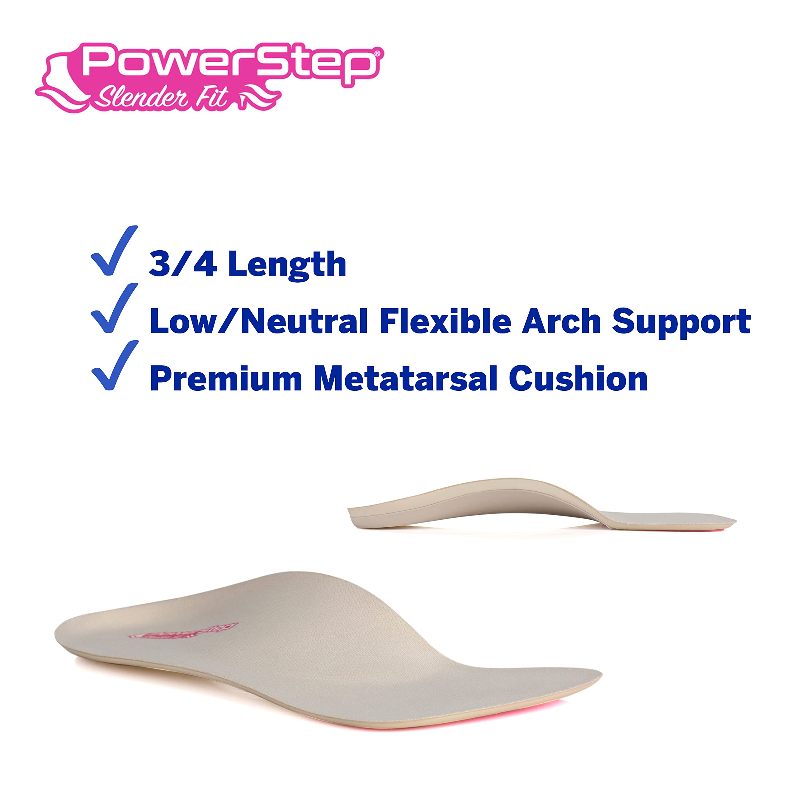 PowerStep SlenderFit 3-4 insole showcasing built-in arch support for low-profile shoes.