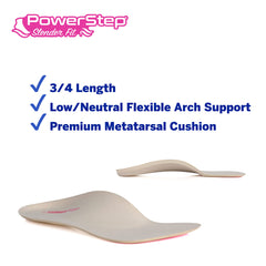 PowerStep SlenderFit 3-4 insole showcasing built-in arch support for low-profile shoes.