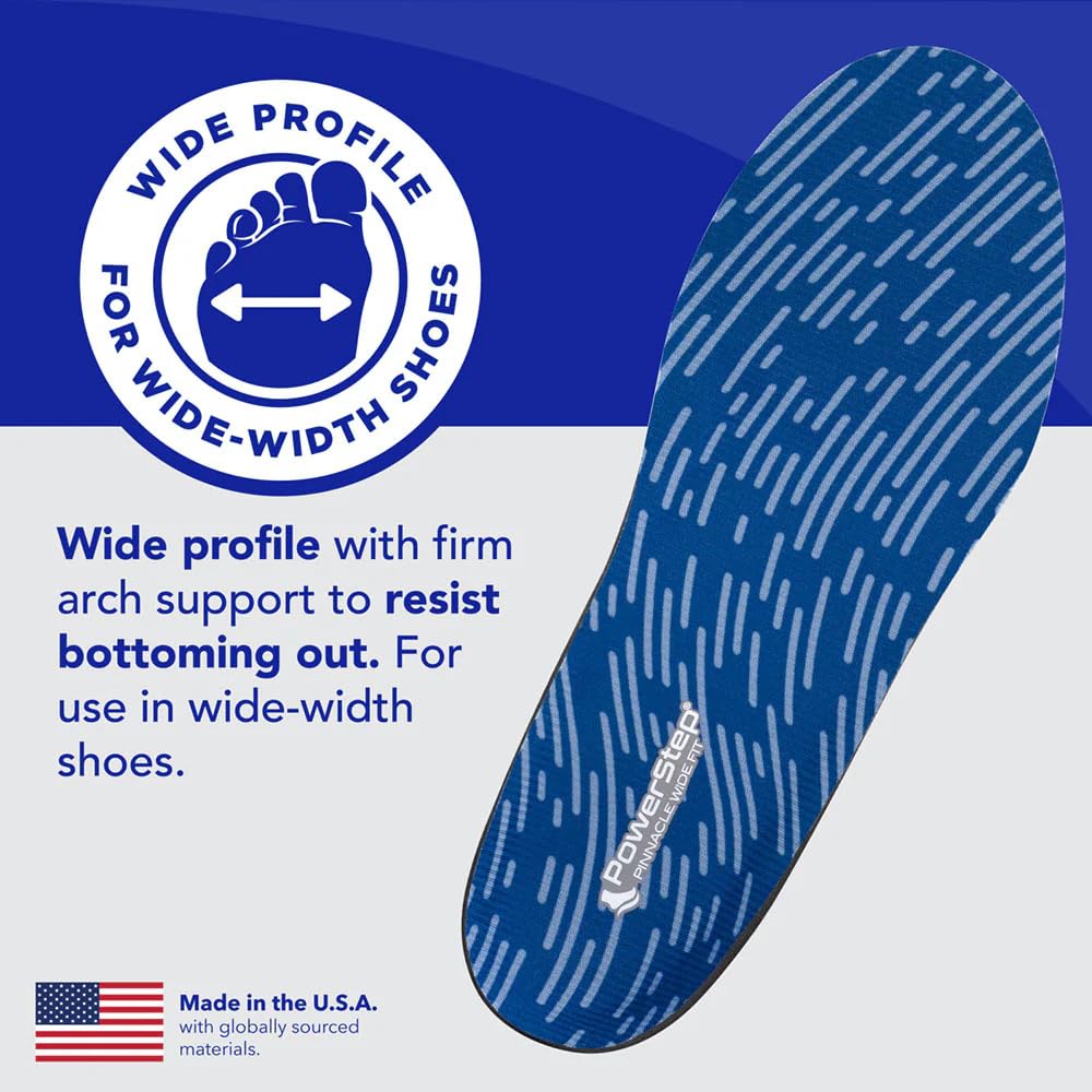 PowerStep Wide Fit orthotics emphasize dual-layer cushioning from heel to toe.