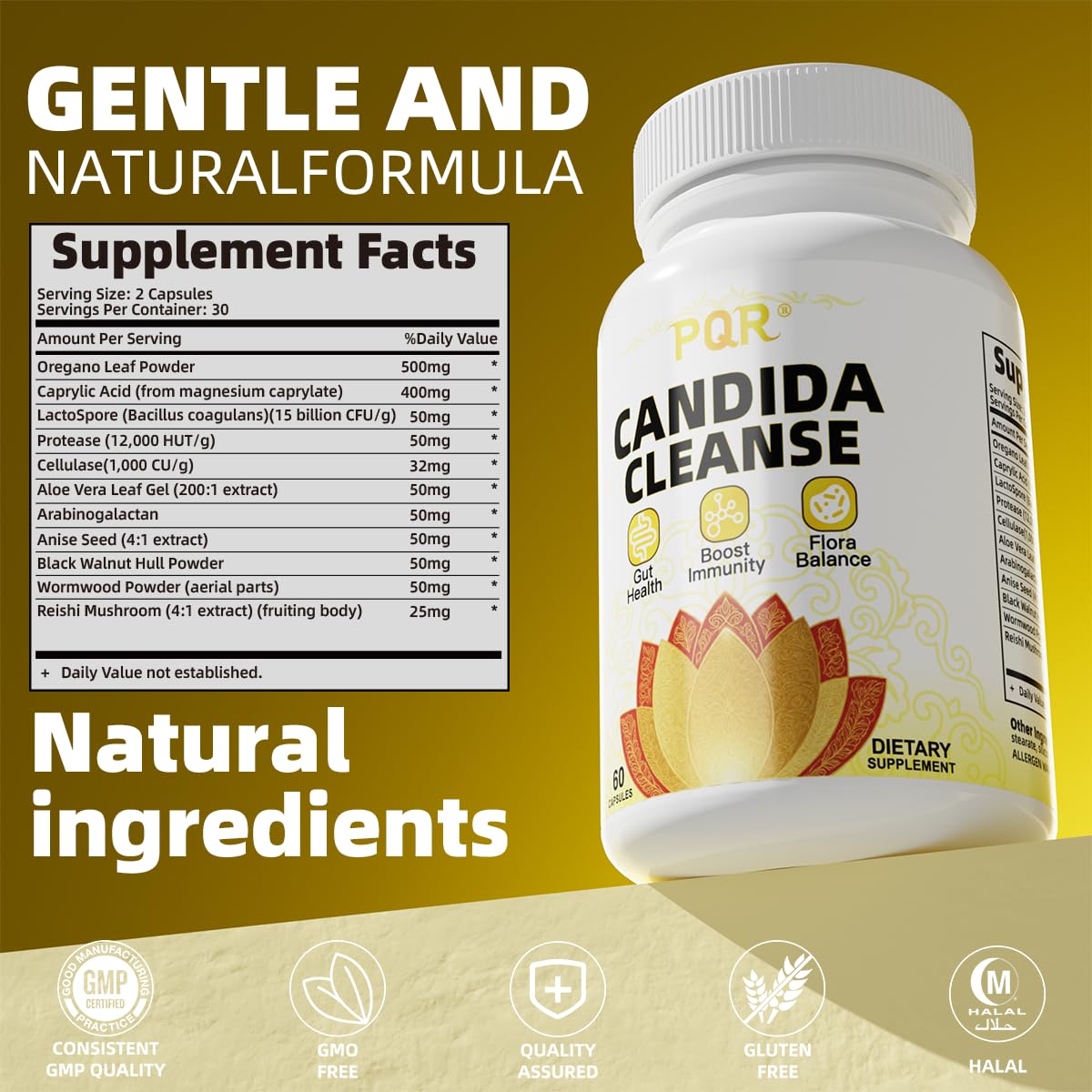 PQR Candida Cleanse bottle back label reveals ingredients and directions.