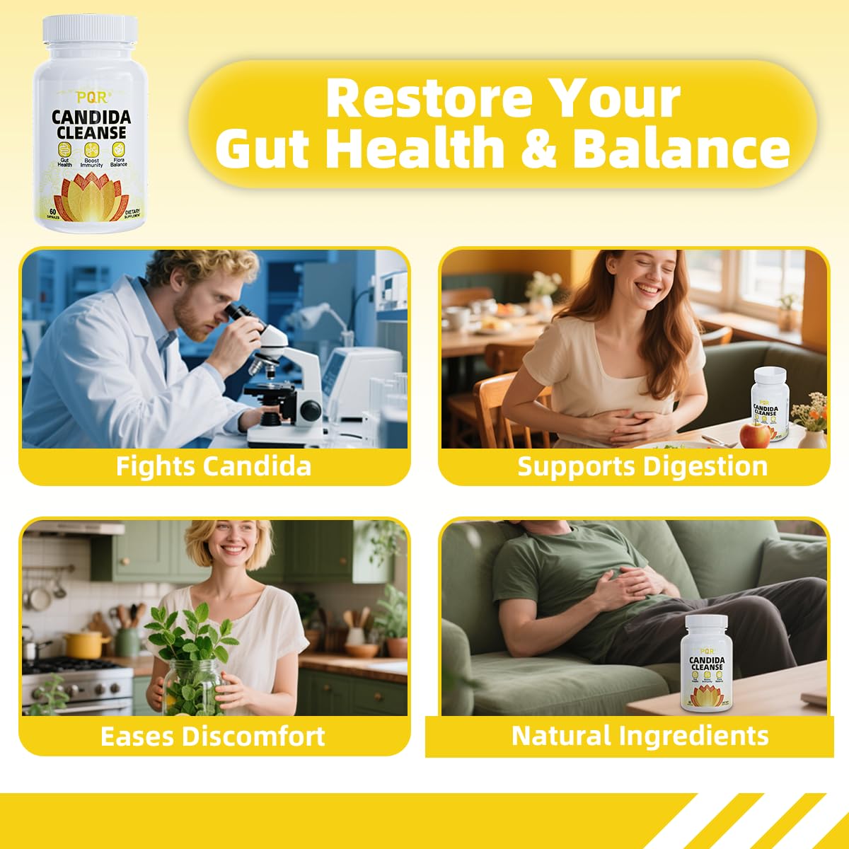 PQR Candida Cleanse capsules close-up highlights natural herbal formula.