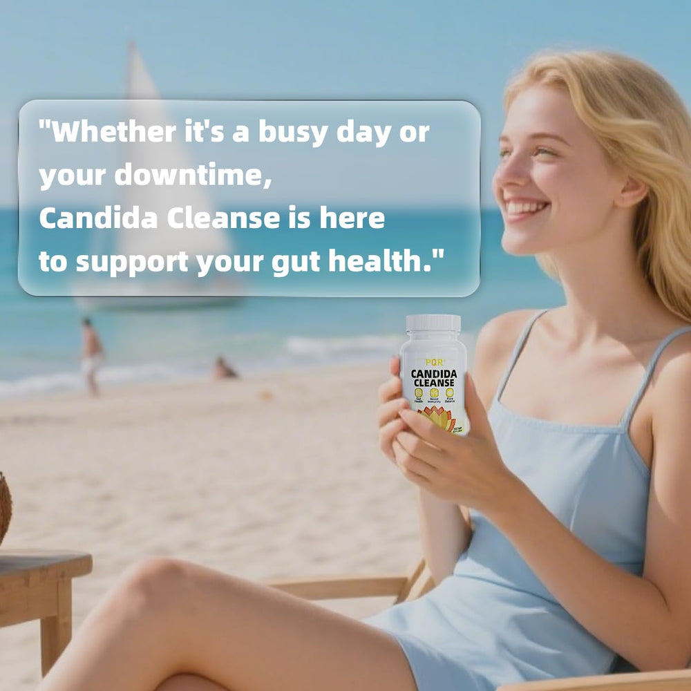 PQR Candida Cleanse gut balance scene hints digestive comfort.