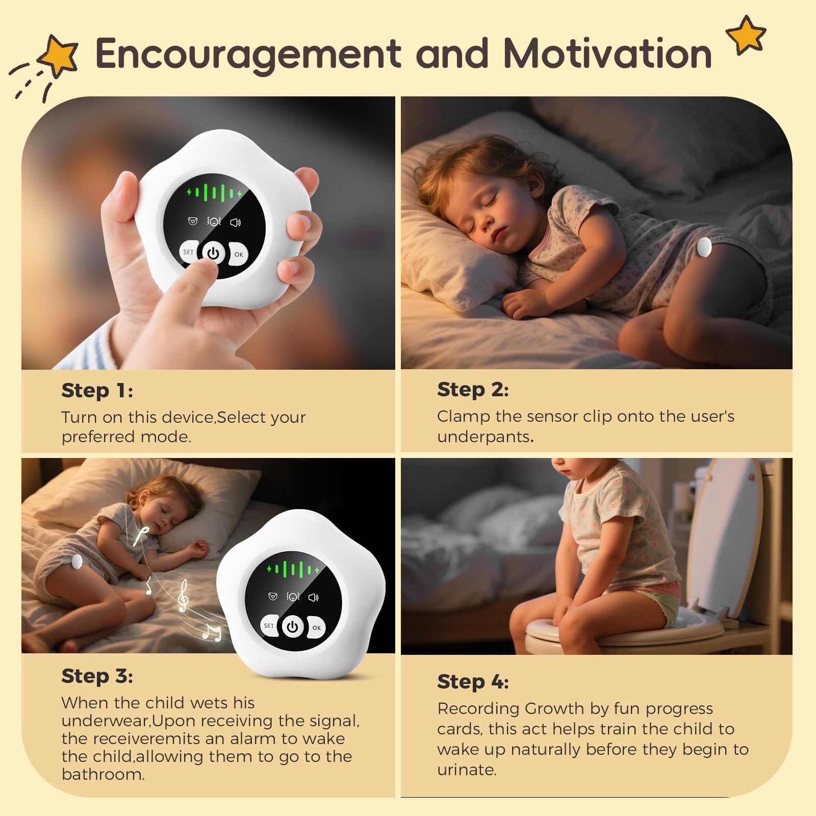 Prabensei wireless receiver on nightstand provides easy wake alerts during sleep.