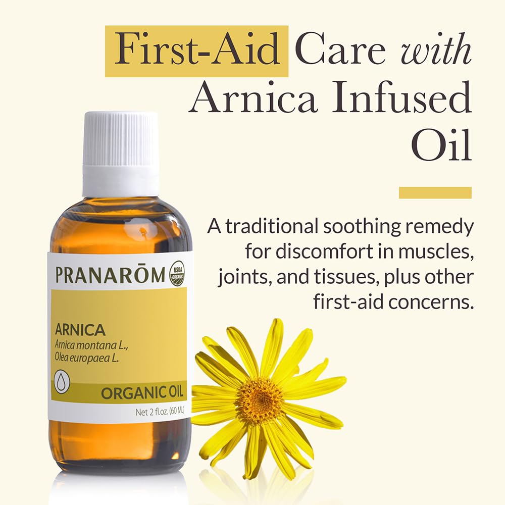 Pranarom Arnica Oil label highlighting organic ingredients and safe sourcing