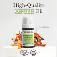 Pranarom sandalwood diffuser-blend image showcases calming atmosphere and aromatherapy use.