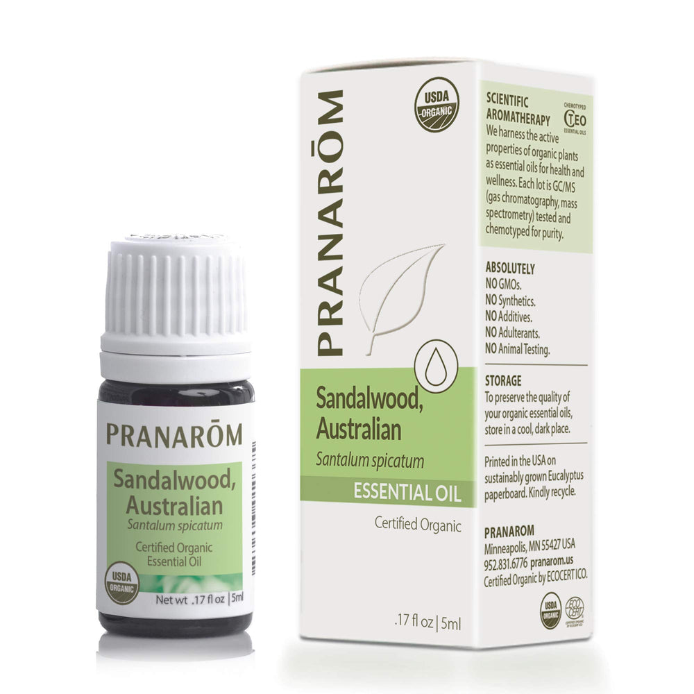Pranarom sandalwood oil in amber bottle ready for diffusion and calming aromatherapy.