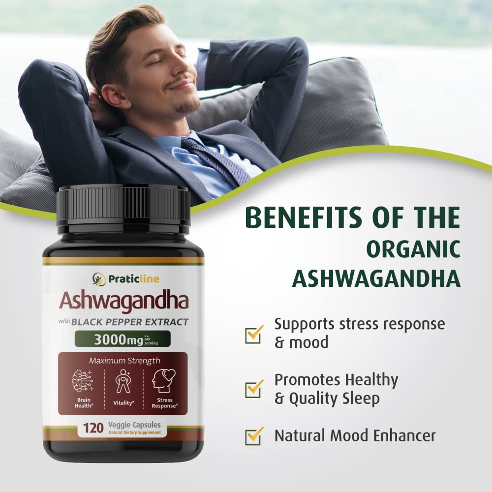 Ingredients panel on PRATIC LINE Ashwagandha capsules with organic root extract