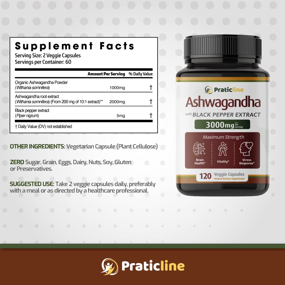 Minimalist PRATIC LINE Ashwagandha capsule bottle on a clean shelf