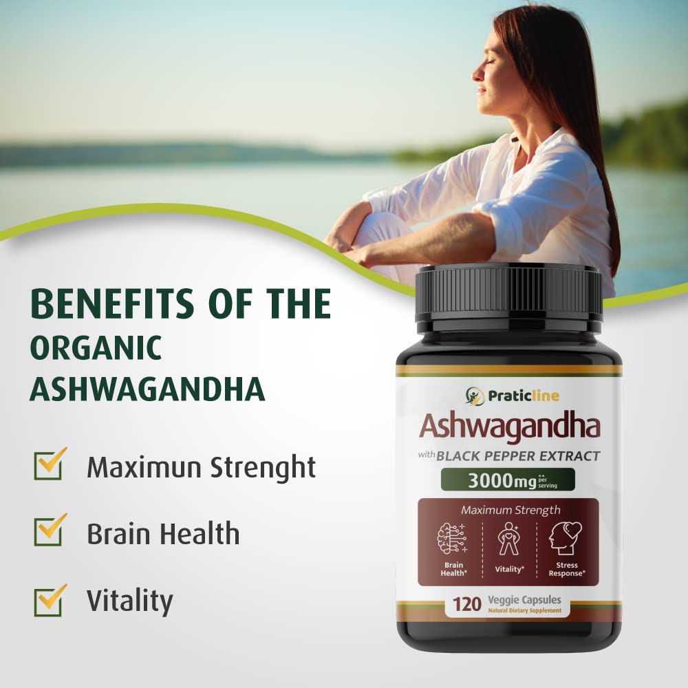 PRATIC LINE Ashwagandha capsules bottle emphasizing 3000 mg potency