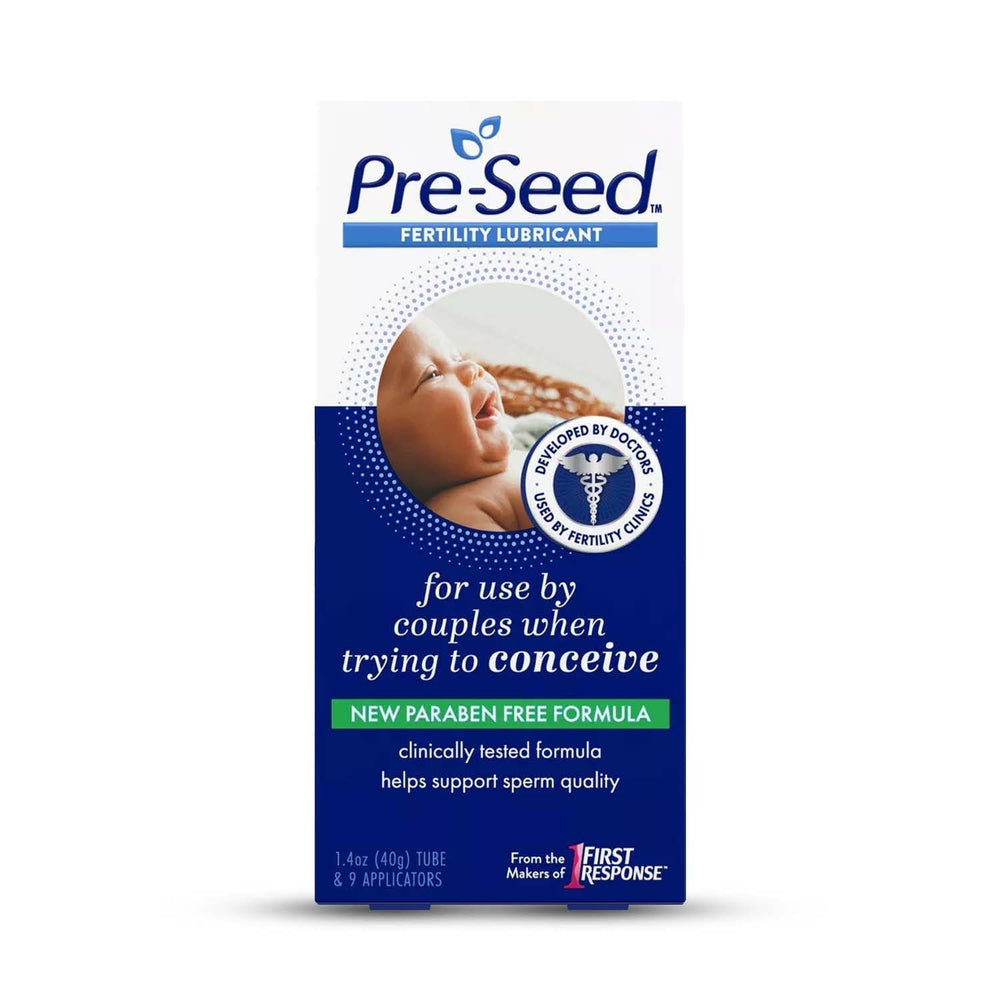 Pre-Seed bottle with applicators demonstrates sperm-friendly moisture for comfortable intimacy.
