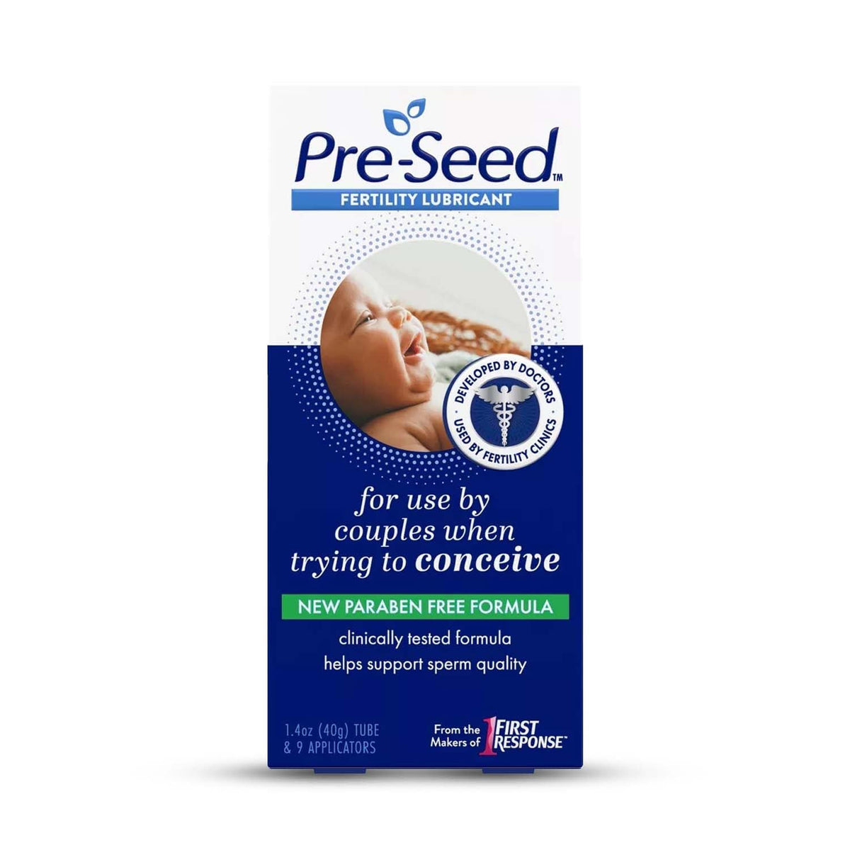 Pre-Seed bottle with applicators demonstrates sperm-friendly moisture for comfortable intimacy.