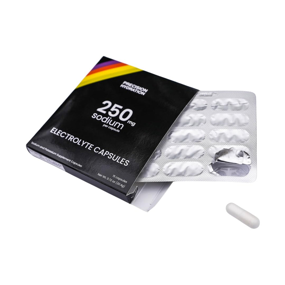 Precision Hydration electrolyte capsules shown for endurance events and easy carrying.