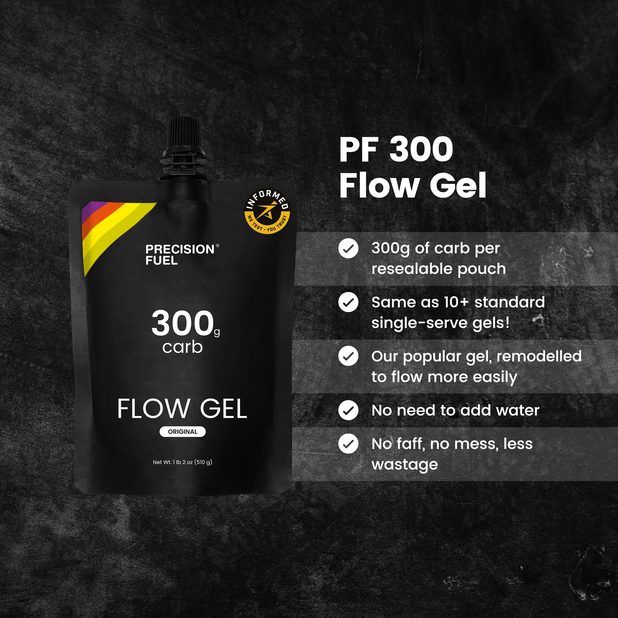 Precision Hydration Fuel 300 Flow gel texture close-up showing smooth, less sticky intake