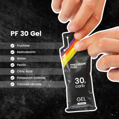Precision Hydration PF30 energy gels label close-up with neutral flavor