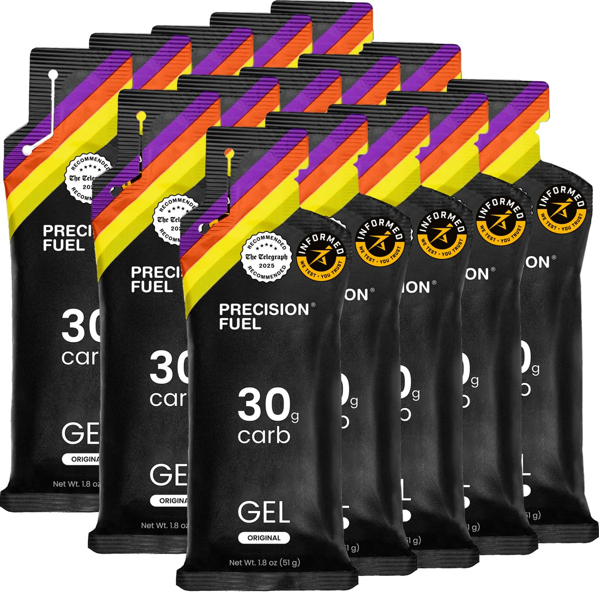 Precision Hydration PF30 energy gels on pack front for endurance runs