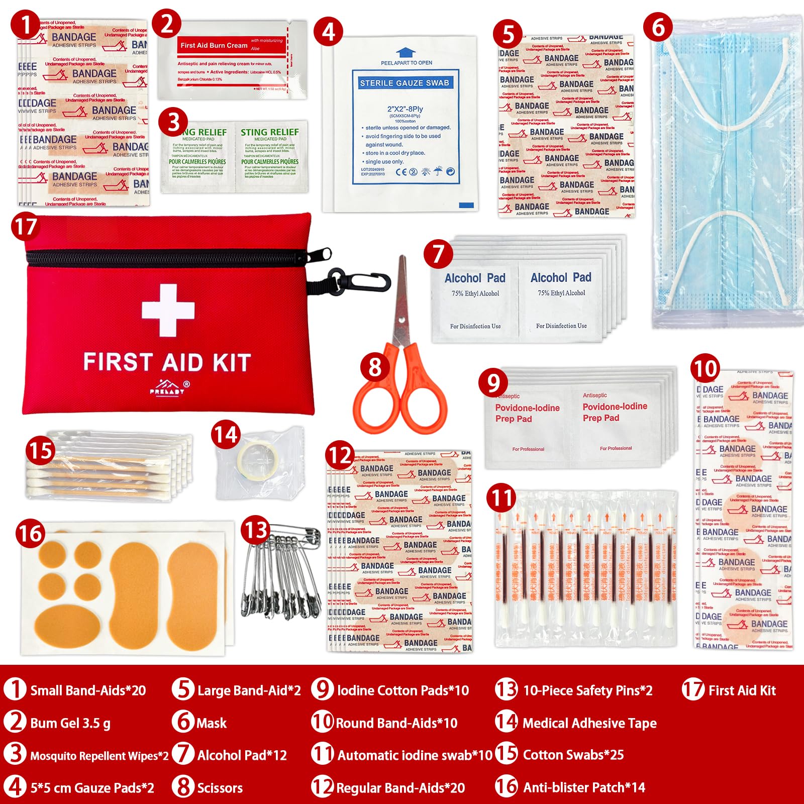 Prelady kit de primeros auxilios con contenidos esenciales como vendas y gasas.