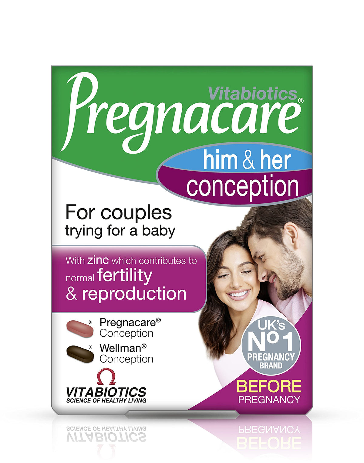 Pregnacare His & Her Conception dual-pack packaging supports balanced daily nutrition for reproductive health.