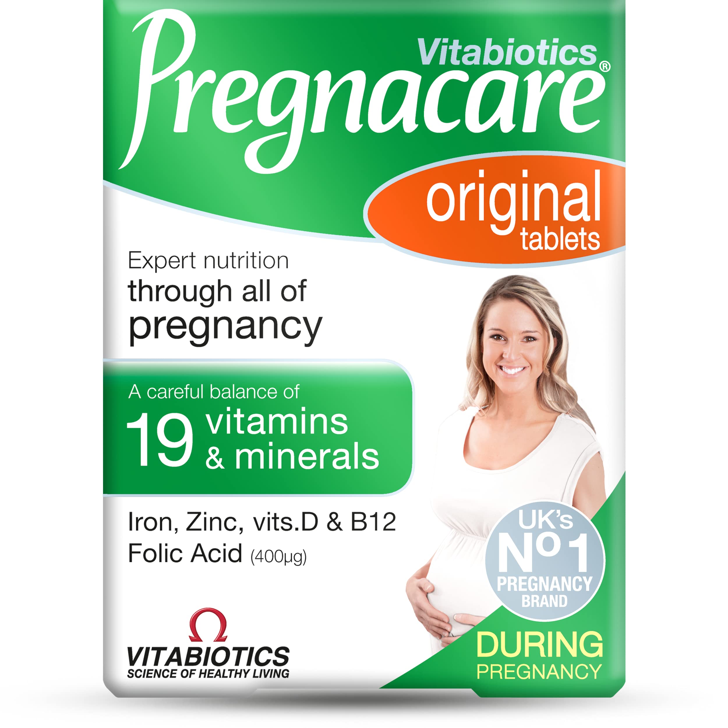 Pregnacare Original bottle close-up, supports planning pregnancy with vegetarian-friendly formula.
