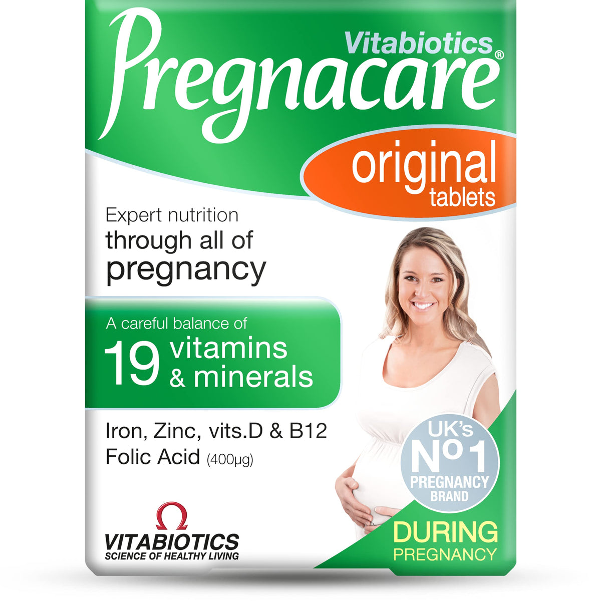Pregnacare Original bottle close-up, supports planning pregnancy with vegetarian-friendly formula.