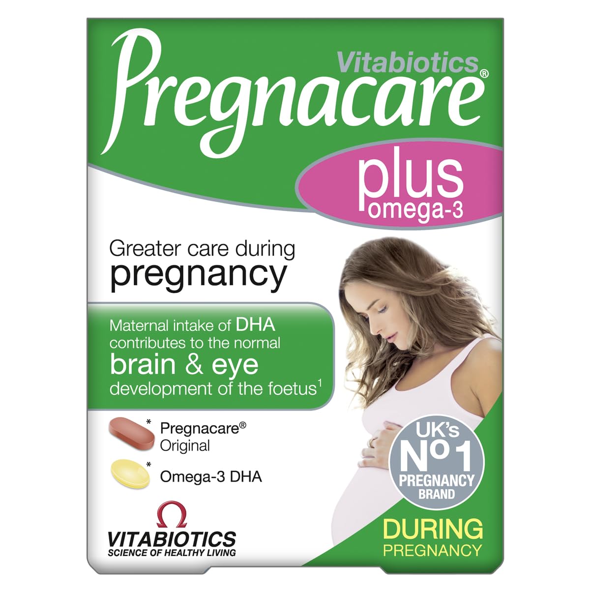 Pregnacare Plus bottle and pack showing daily multivitamins with omega-3 capsules for pregnancy support.