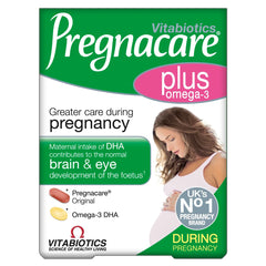 Pregnacare Plus bottle and pack showing daily multivitamins with omega-3 capsules for pregnancy support.