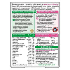 Close-up of Pregnacare Plus omega-3 capsules beside tablets for DHA intake.