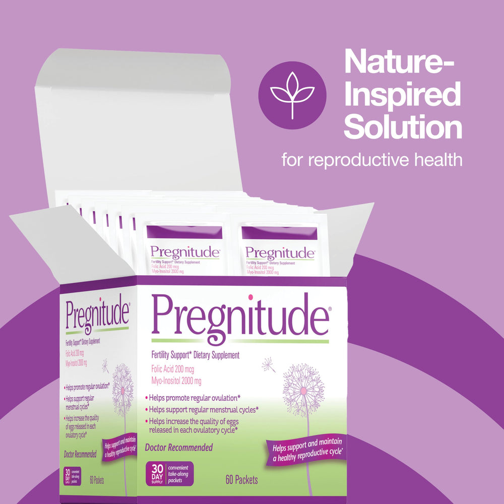 Close-up of Pregnitude packets showing convenient, tasteless powder.