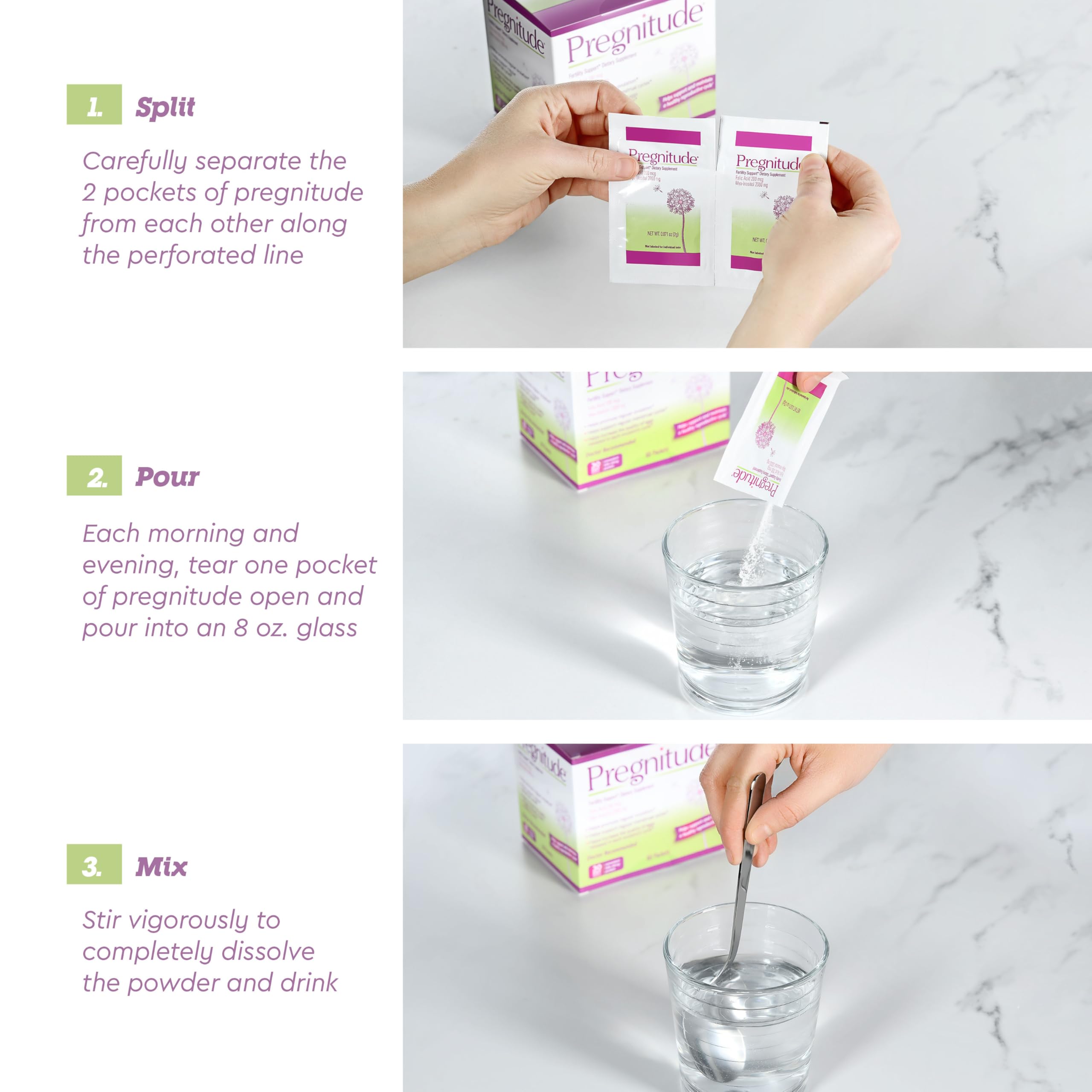 Pregnitude packets in a glass as powder dissolves.