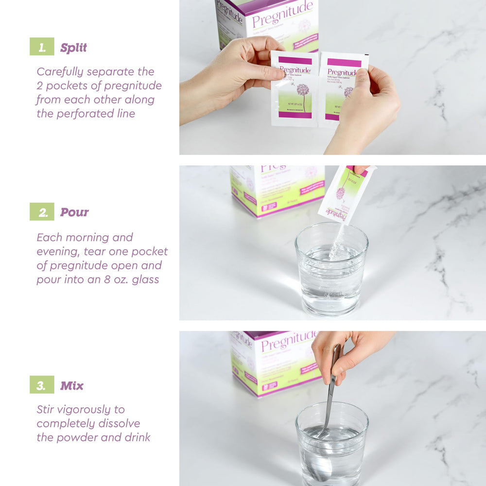 Pregnitude packets in a glass as powder dissolves.