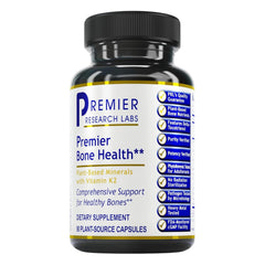 Premier Bone Health bottle closeup highlighting calcium and vitamin K2 support