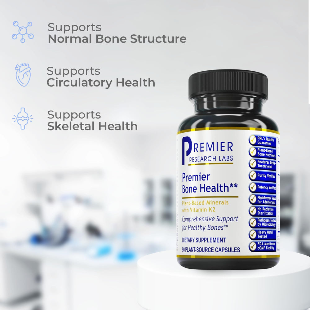 Premier Bone Health bottle featuring Vitamin K2-7 for targeted calcium delivery