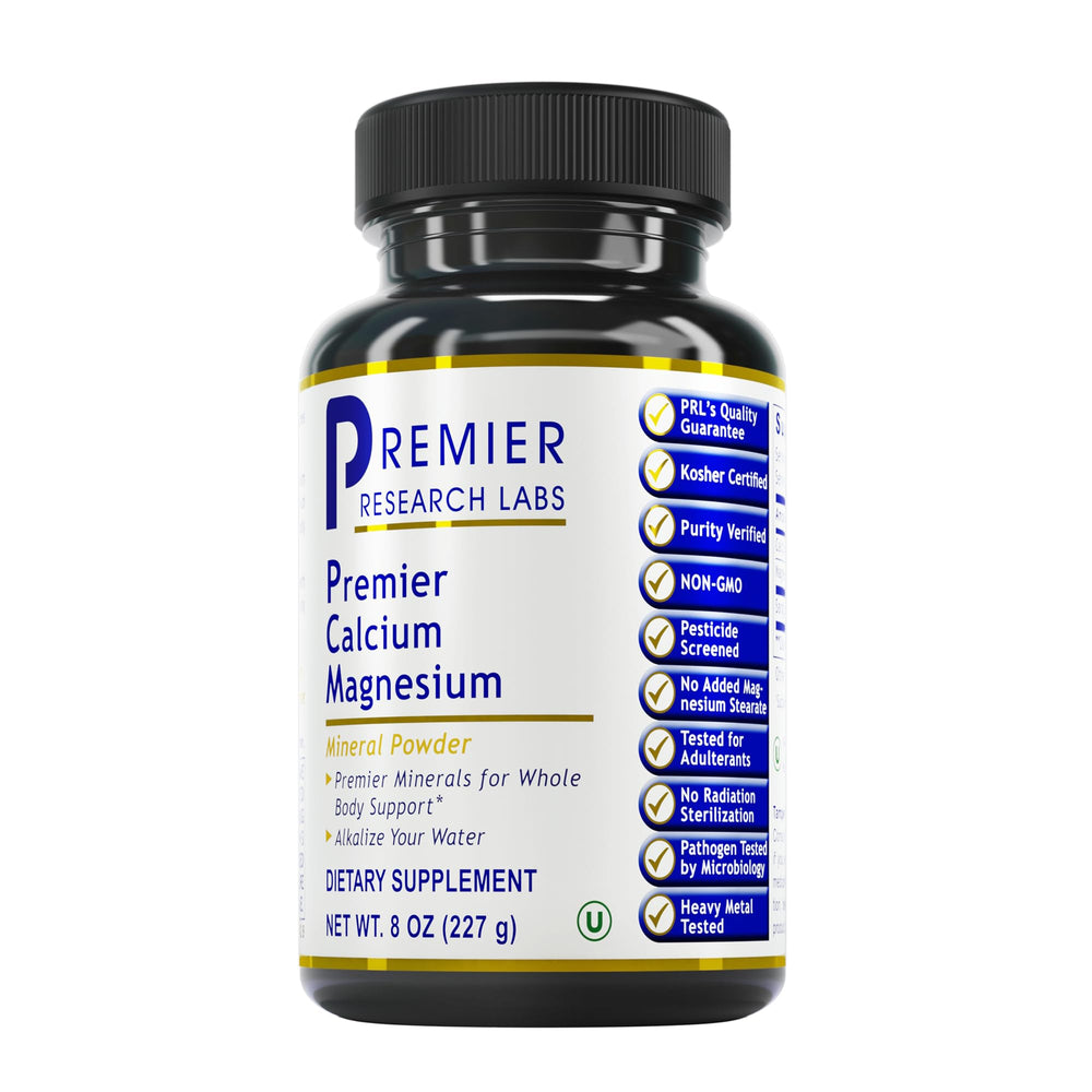 Premier Research Labs calcium magnesium powder bottle shown for bone health support.